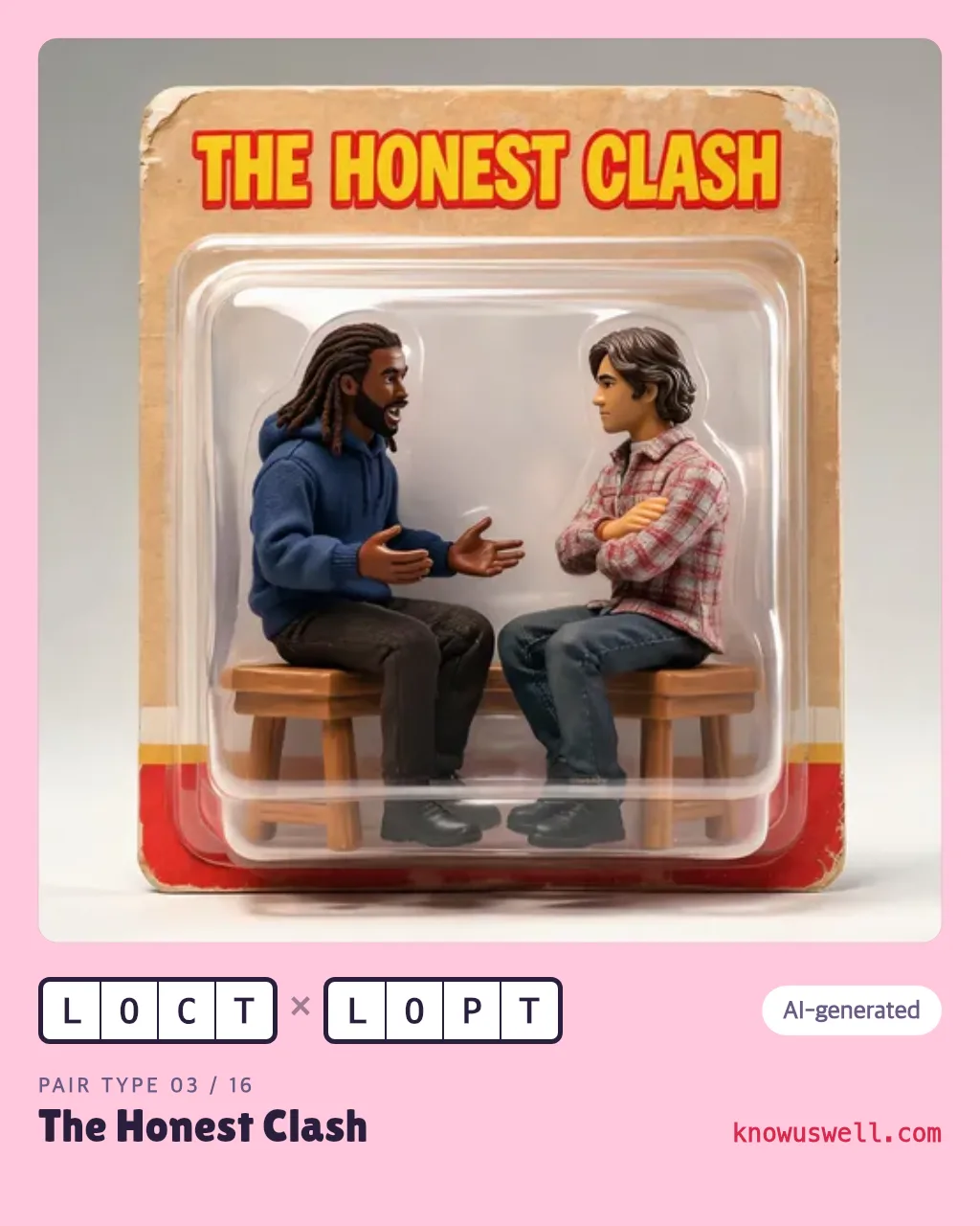 Example finished The Honest Clash card — both friends in the picture, with both four-letter codes and the pair type name printed underneath