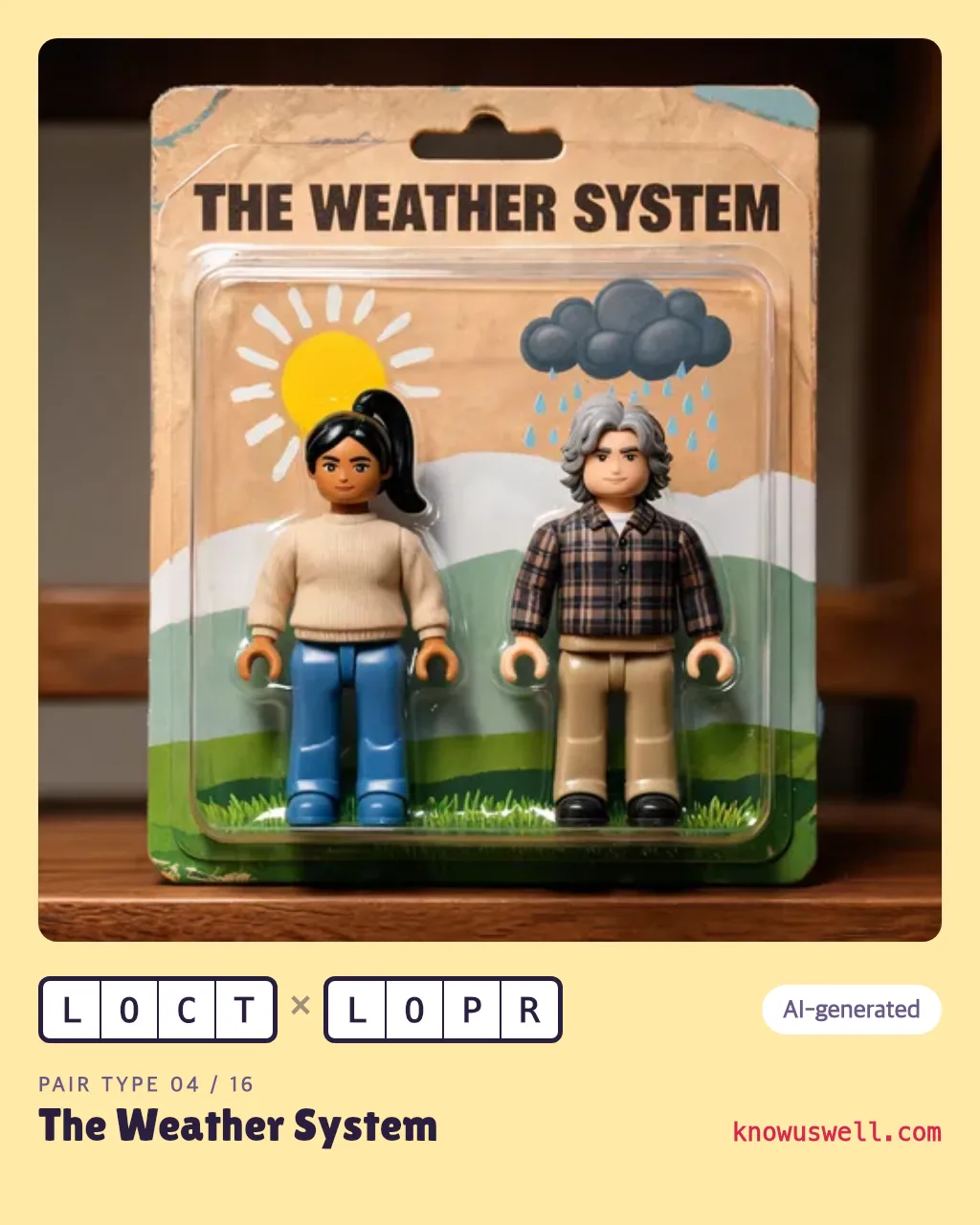 Example finished The Weather System card — both friends in the picture, with both four-letter codes and the pair type name printed underneath