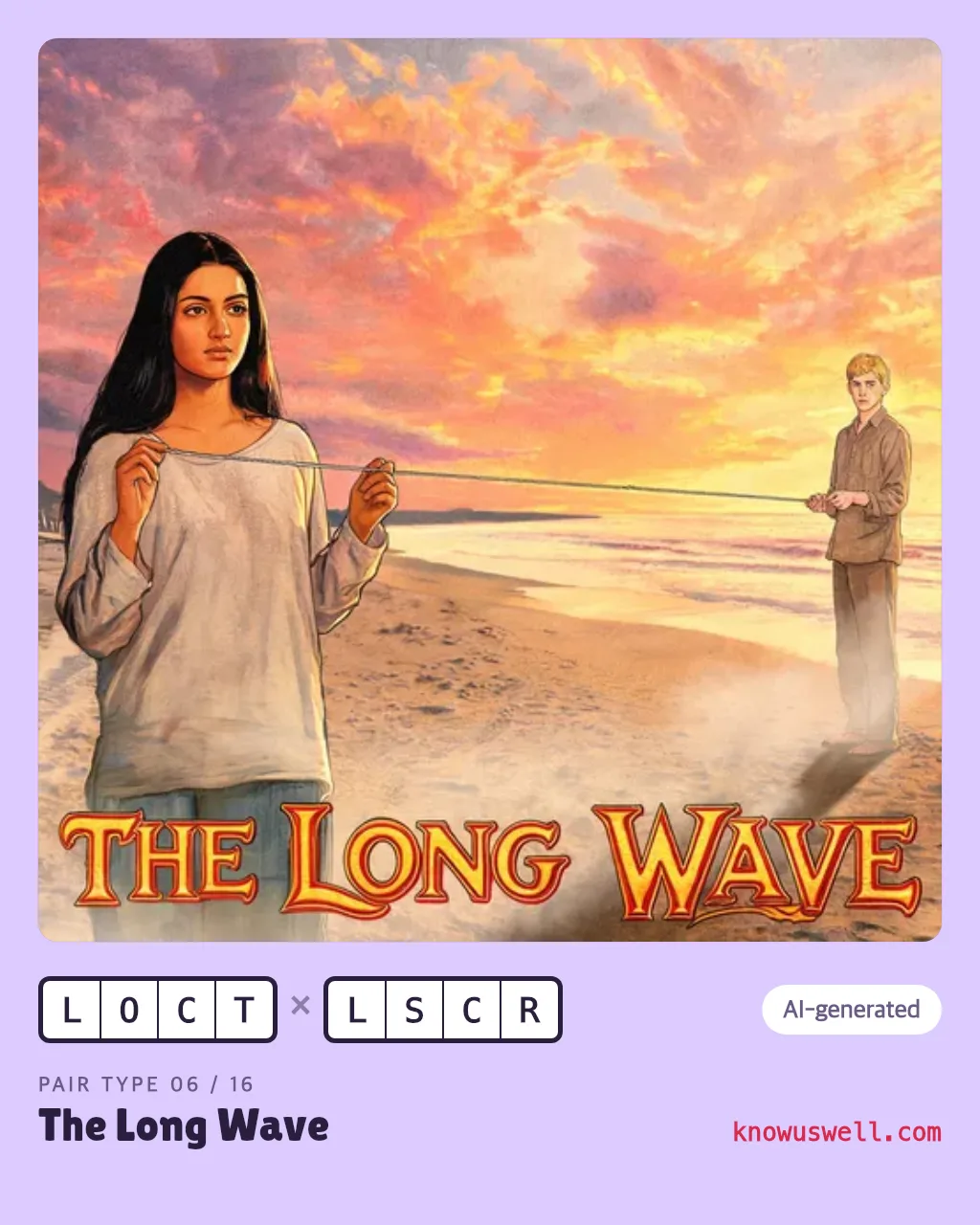 Example finished The Long Wave card — both friends in the picture, with both four-letter codes and the pair type name printed underneath