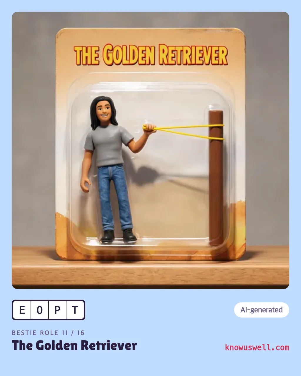 Example finished The Golden Retriever card — one person, with the four-letter code and the role name printed underneath