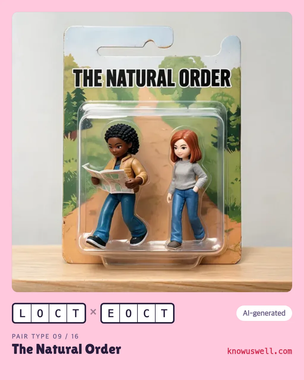 Example finished The Natural Order card — both friends in the picture, with both four-letter codes and the pair type name printed underneath