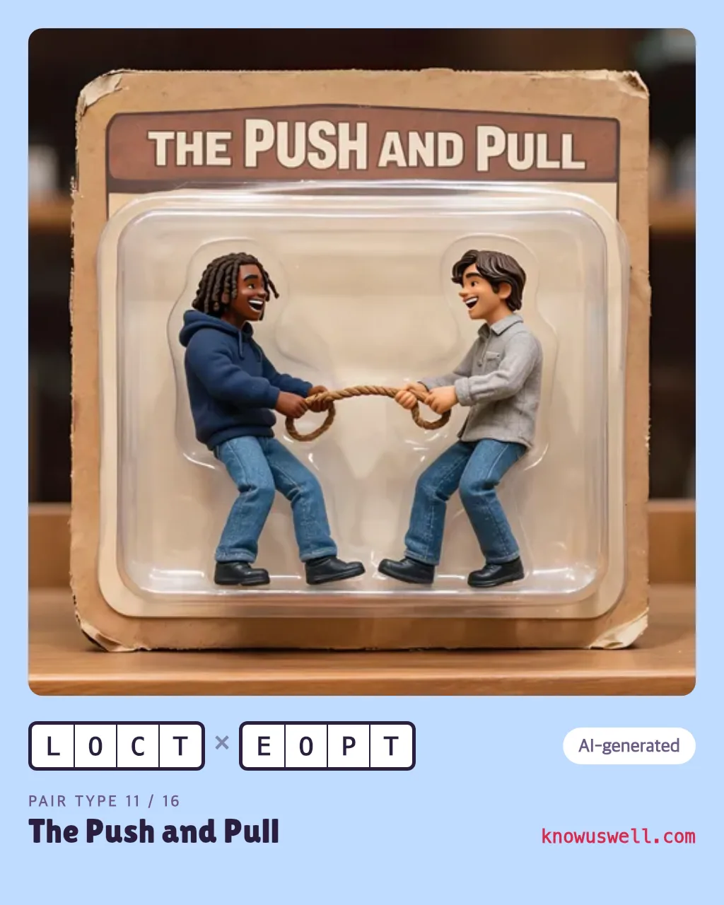 Example finished The Push and Pull card — both friends in the picture, with both four-letter codes and the pair type name printed underneath