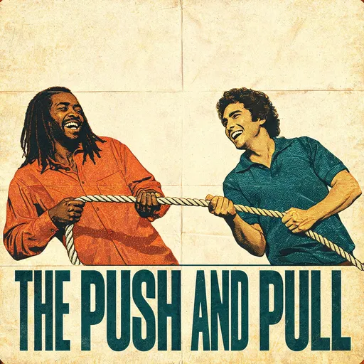 The Push and Pull in the buddy-movie poster style — sample illustration