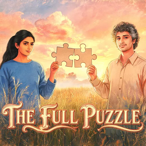 The Full Puzzle pair type as 90s film poster — sample illustration of made-up characters